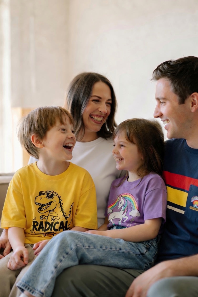 A family of four laughing together in a warm, sunlit living room
